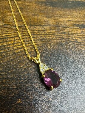 Gold-Tone Purple Oval Crystal Pendant Necklace